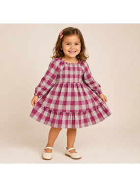 Toddler Girl's Ruffle Butts Purple Gray Plaid Smocked Top Dress | Size 4T